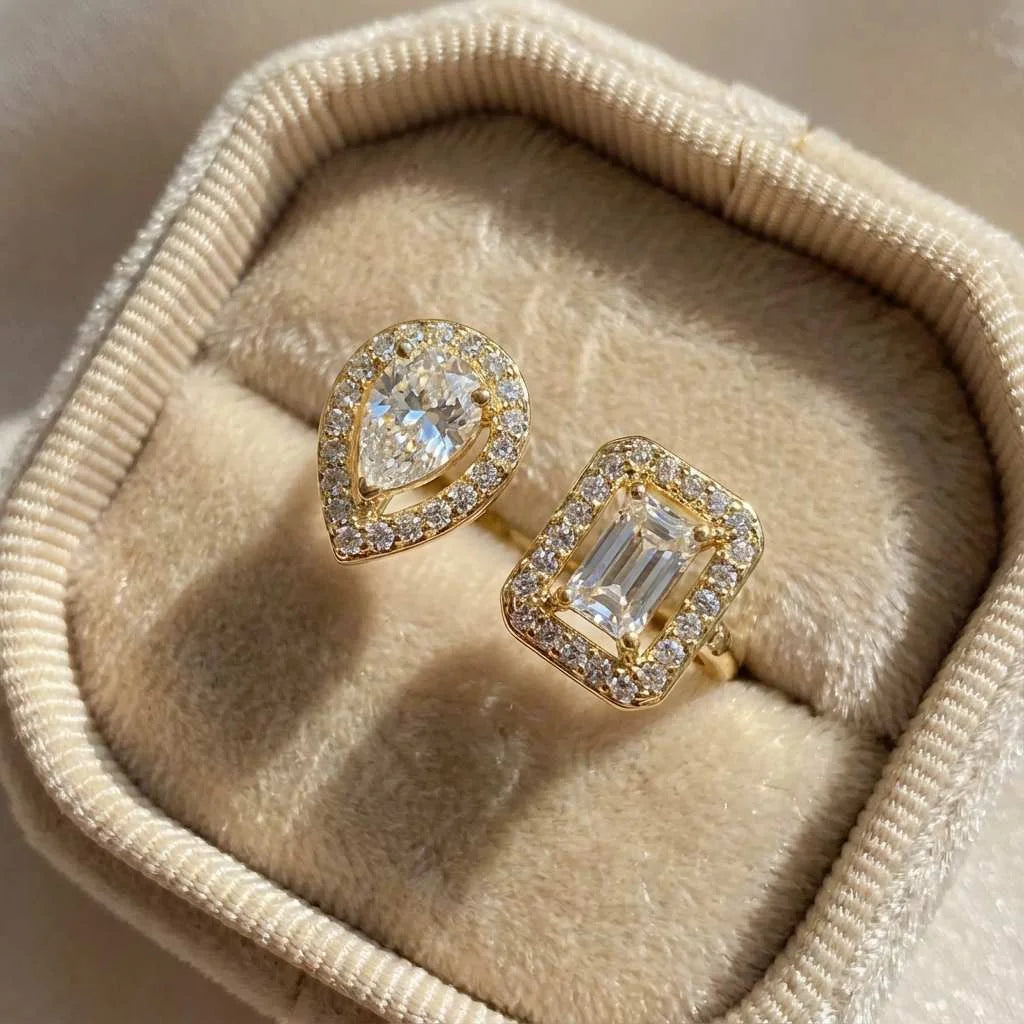925 Sterling Silver Sparkling Zircon Water Drop Square Geometry Adjustable Ring Party Fine Jewellery