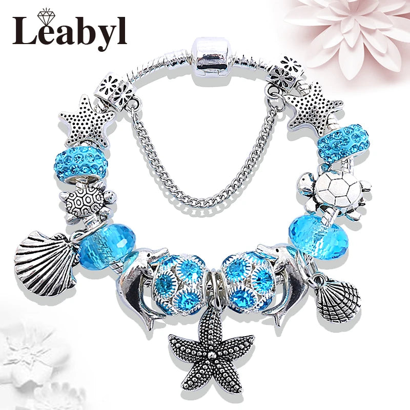 Classic Dolphin Charm Bracelet Blue Murano Crystal Glass DIY Bead Bangle
