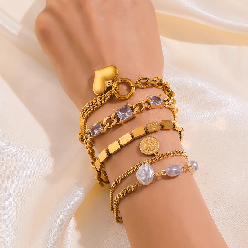 Heart Pearls Stainless Steel Charm Bracelet Girls Birthday Jewellery