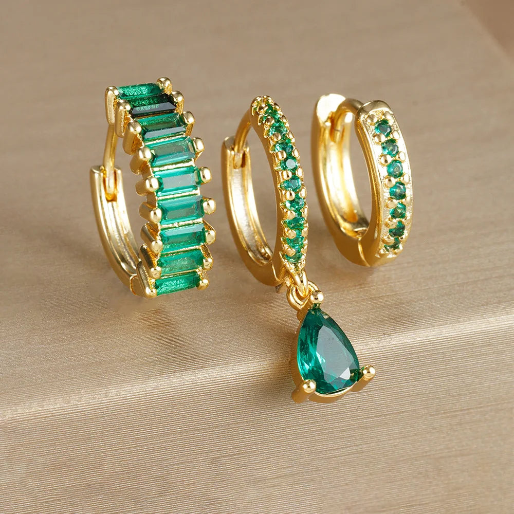 3PCS Stainless Steel Gold Plated Hoop Earrings Zircon Pendant