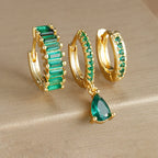 3PCS Stainless Steel Gold Plated Hoop Earrings Zircon Pendant