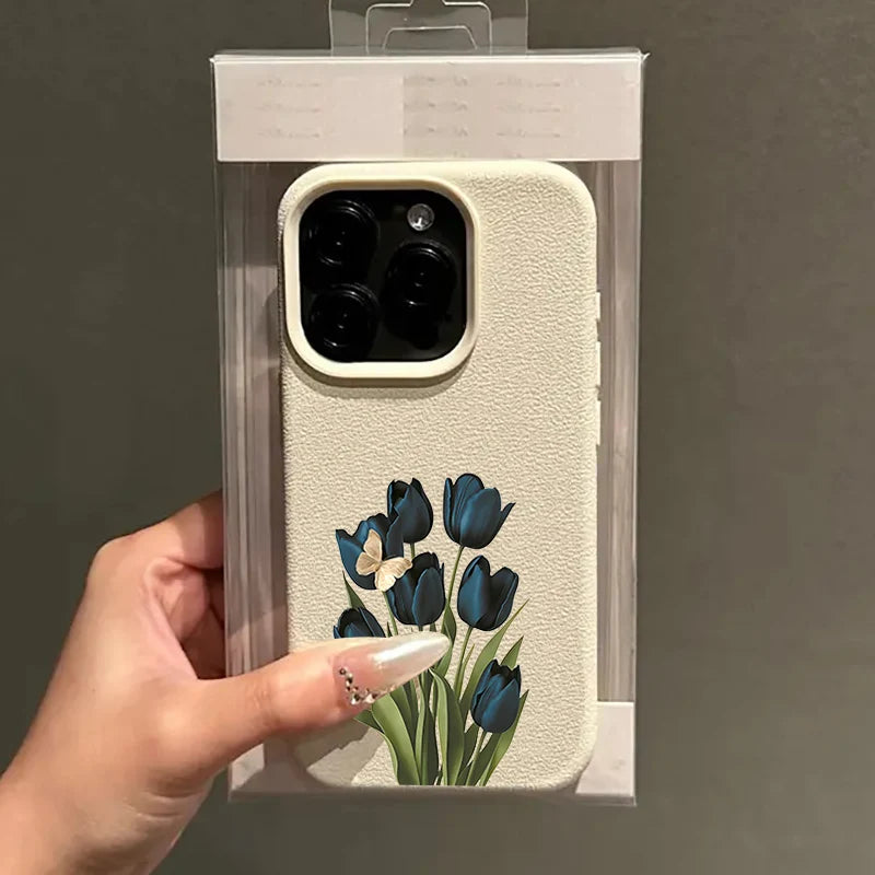 Blue Black Tulip Butterfly Lychee Case for iPhone 17 16 15 14 Pro