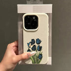 Blue Black Tulip Butterfly Lychee Case for iPhone 17 16 15 14 Pro