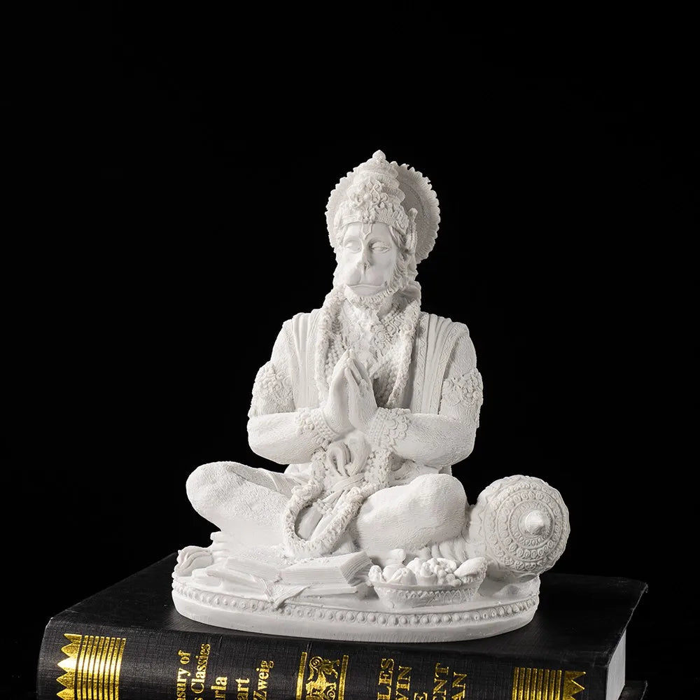 Sandstone White Hanuman Statue Hindu Monkey God Sculpture Yoga Meditation Decor