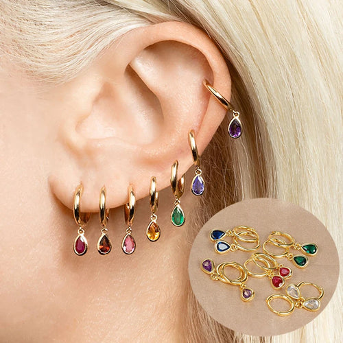 Vintage Gold Plated Zircon Huggie Hoop Earrings Water Drop Punk