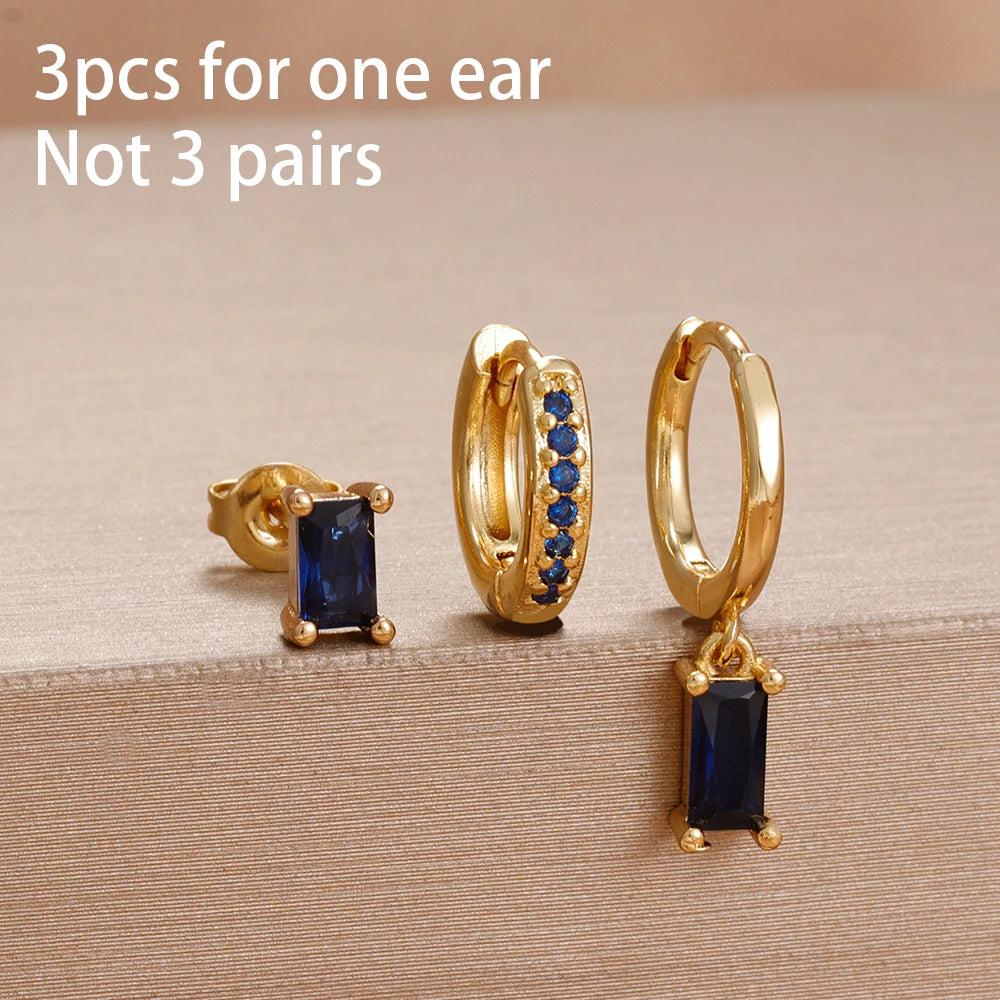 3PCS Cute Flower Stainless Steel Blue Zircons Small Hoop Earrings