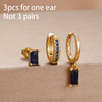 3PCS Cute Flower Stainless Steel Blue Zircons Small Hoop Earrings