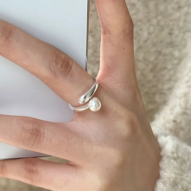 925 Sterling Silver Simple Overlapping Pearl Ring Wedding Vintage Luxury Jewellery