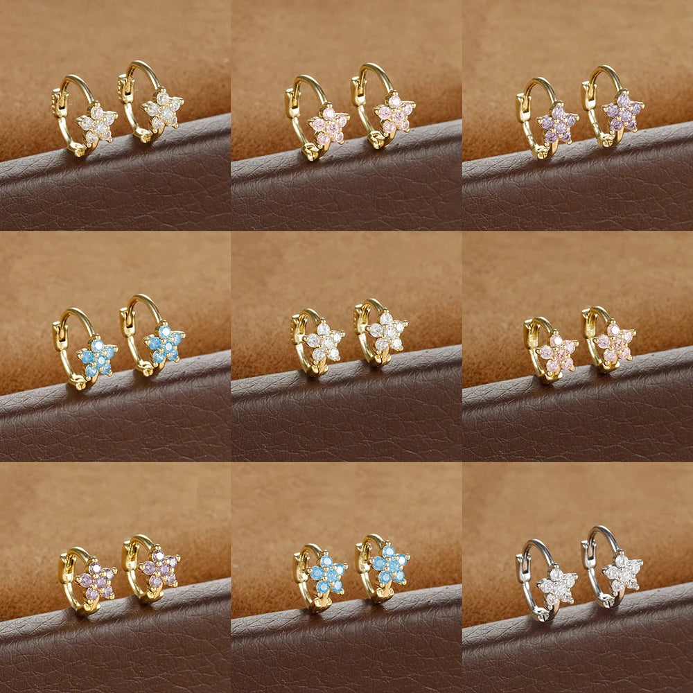 2PCS Huggies Hoop Earrings Stainless Steel Crystal Zirconia Flower