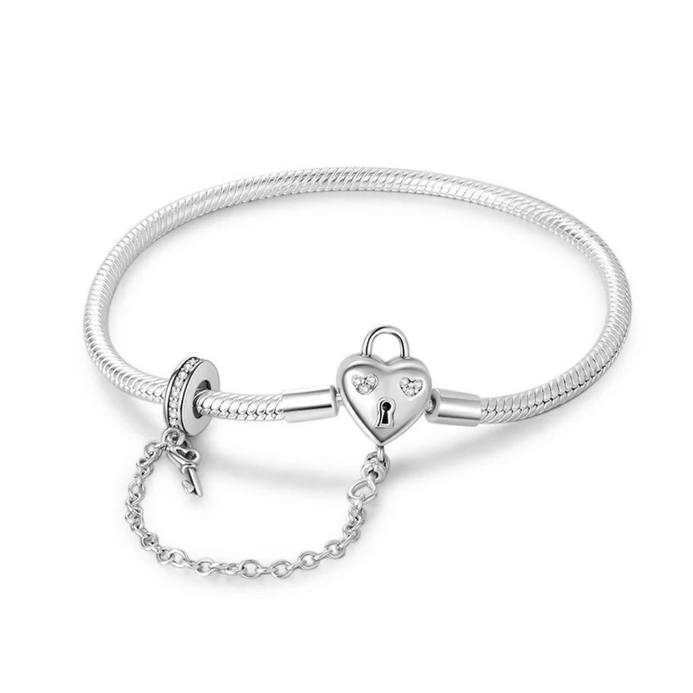 For Women 925 Sterling Silver Moments Heart Closure Bracelet Classic Snake Chain Jewelry Gift Fit Original Charm DIY