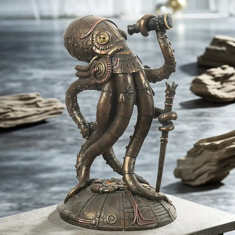Steampunk Seabed Hiker Octopus Statue Vintage Cthulhu Figure Submarine Piranha Sculpture