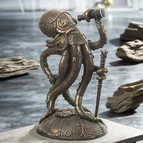 Steampunk Seabed Hiker Octopus Statue Vintage Cthulhu Figure Submarine Piranha Sculpture