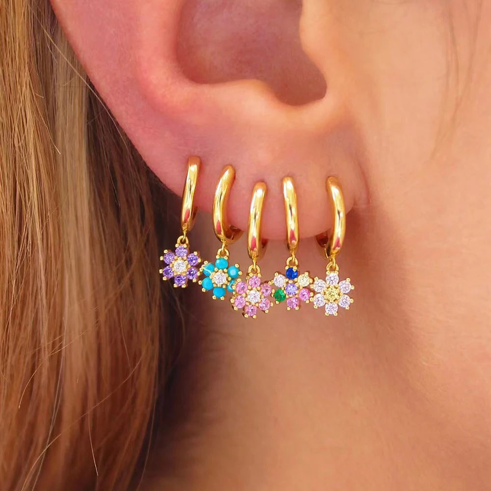 Exquisite Colourful Crystal Flower Hoop Earrings Stainless Steel