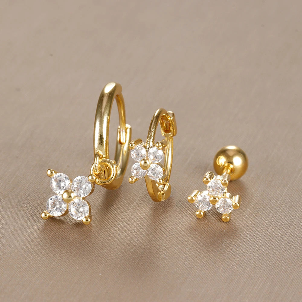 3PCS Vintage Design Four Flower Zircon Hoop Earrings Set Steel