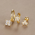 3PCS Vintage Design Four Flower Zircon Hoop Earrings Set Steel