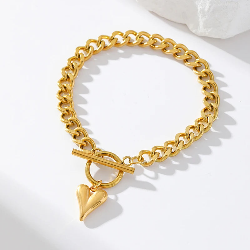 Heart Love Stainless Steel Charm Bracelet 18K Gold Plated Waterproof