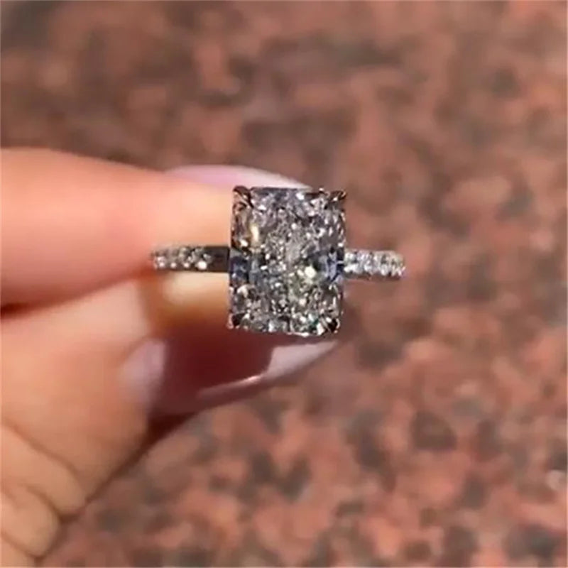 Classic Rectangle Stone Rings For Women Silver Color Geometric Square White Zircon Wedding Bands Engagement Ring Bridal Jewelry