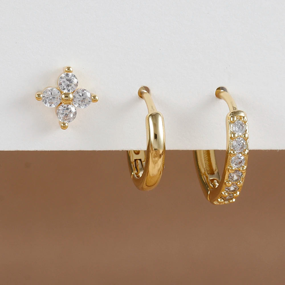 3PCS Sets Exquisite Flower Circle Hoop Earrings 14K Gold Plated