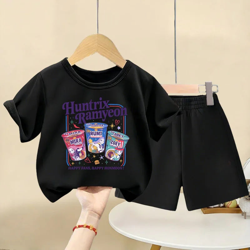 K-pop Girls Summer Casual Outfit Short Sleeve Top and Elastic Waist Shorts
