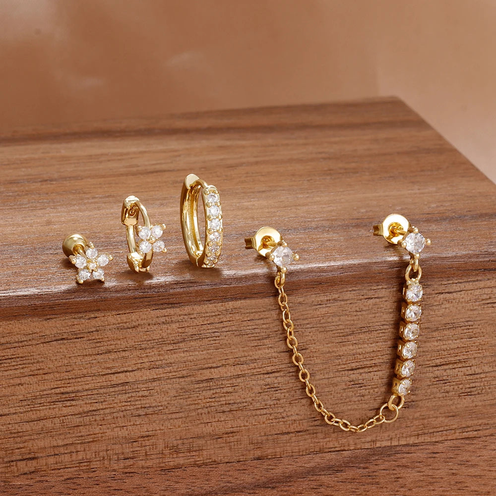 4PCS French Design Tassel Chain Pendant Hoop Earrings Set Zircon Stud