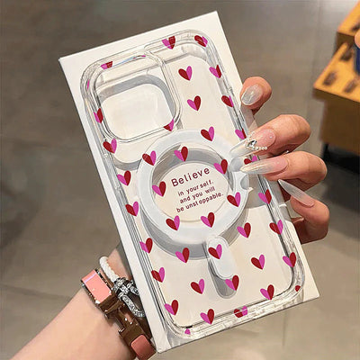 Cute Wine Red Little Love Heart Case For iPhone 15 14 Pro Max 13 12 11 XR 16 X 7 8Plus Wireless Charge Magnetic Clear Hard Cover