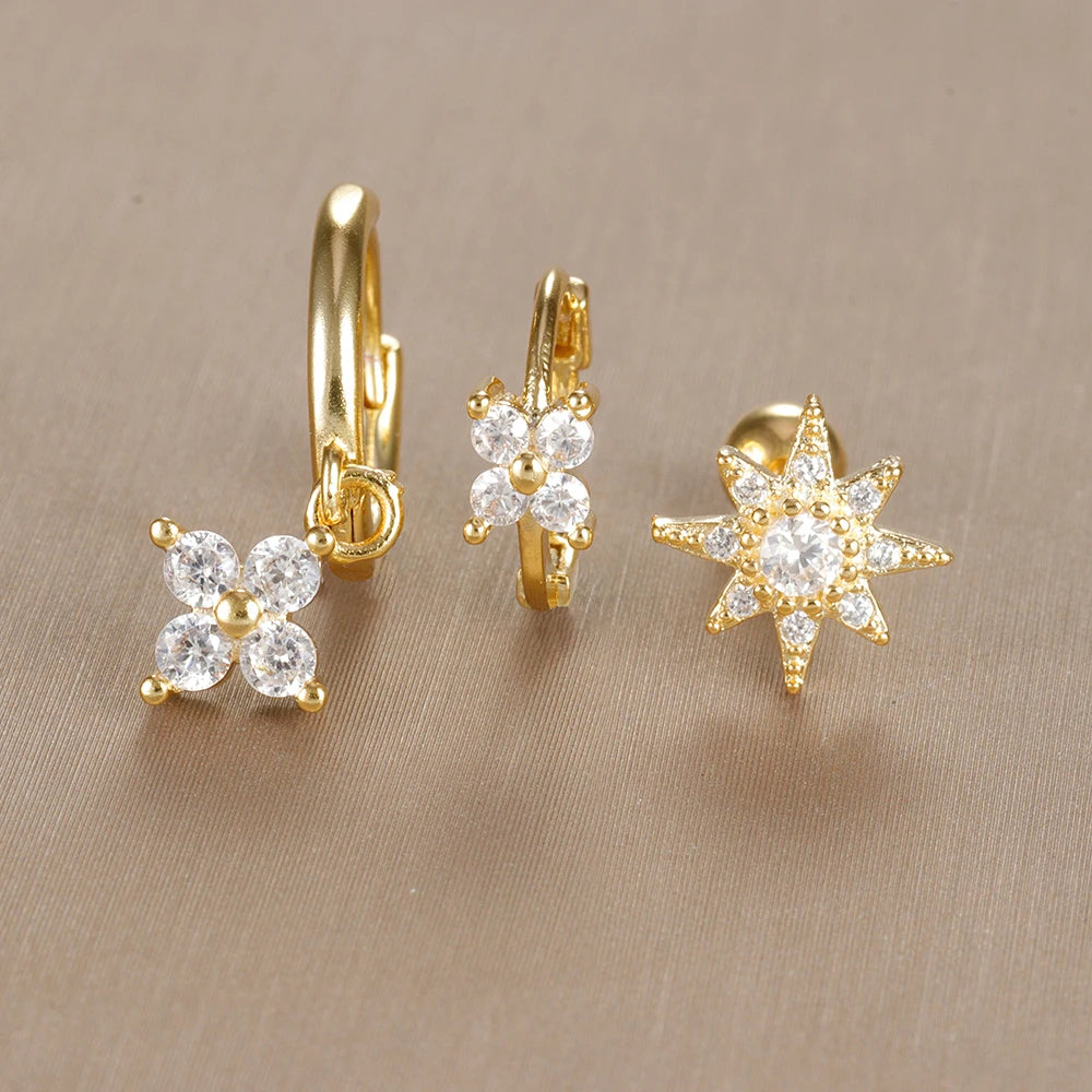 3PCS Vintage Design Four Flower Zircon Hoop Earrings Set Steel