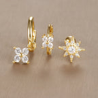 3PCS Vintage Design Four Flower Zircon Hoop Earrings Set Steel