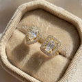 925 Sterling Silver Sparkling Zircon Water Drop Square Geometry Adjustable Ring Party Fine Jewellery