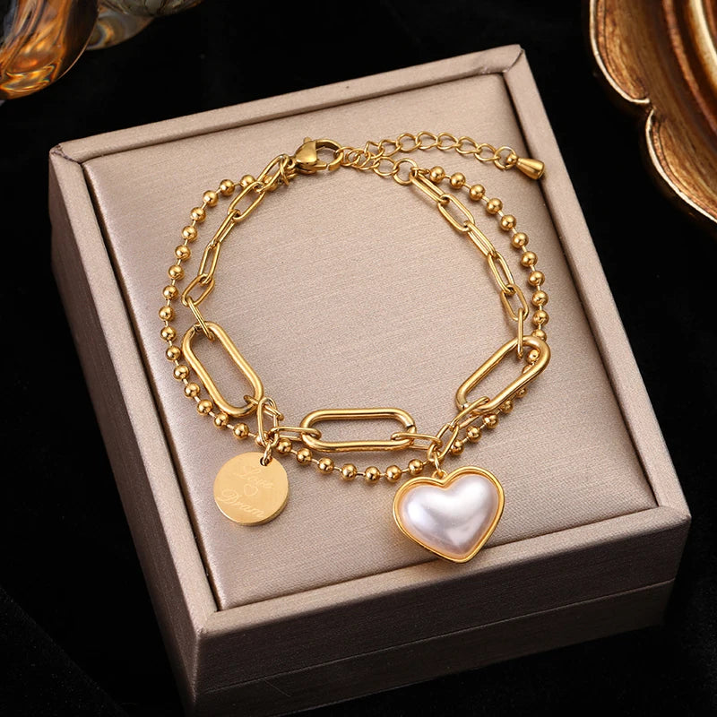 Heart Pearls Stainless Steel Charm Bracelet Girls Birthday Jewellery