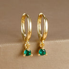 18K Gold Plated Green Zirconia Huggies Hoop Earrings Square Pendant
