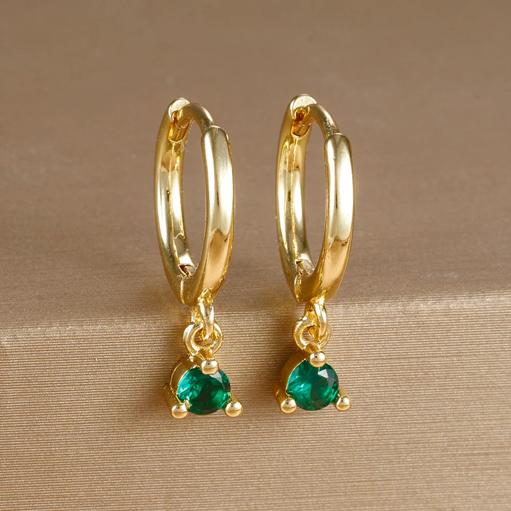 18K Gold Plated Green Zirconia Huggies Hoop Earrings Square Pendant