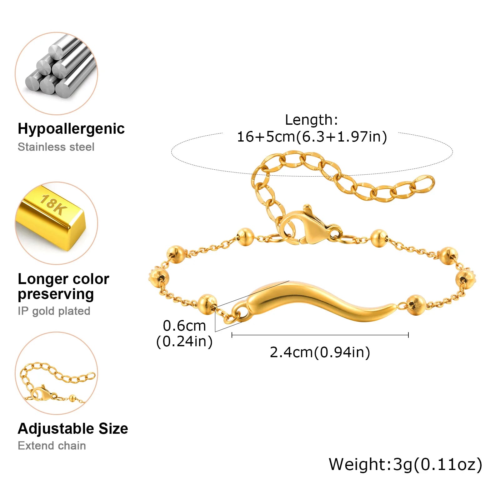 Italian Horn Satellite Chains Bracelet for Women, Stainless Steel Thin Link, Nickel-free Hypoallergenic Jewelry Gifts