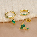 3PCS Gold Plated Chain Zircon Hanging Earrings Stainless Steel Flower