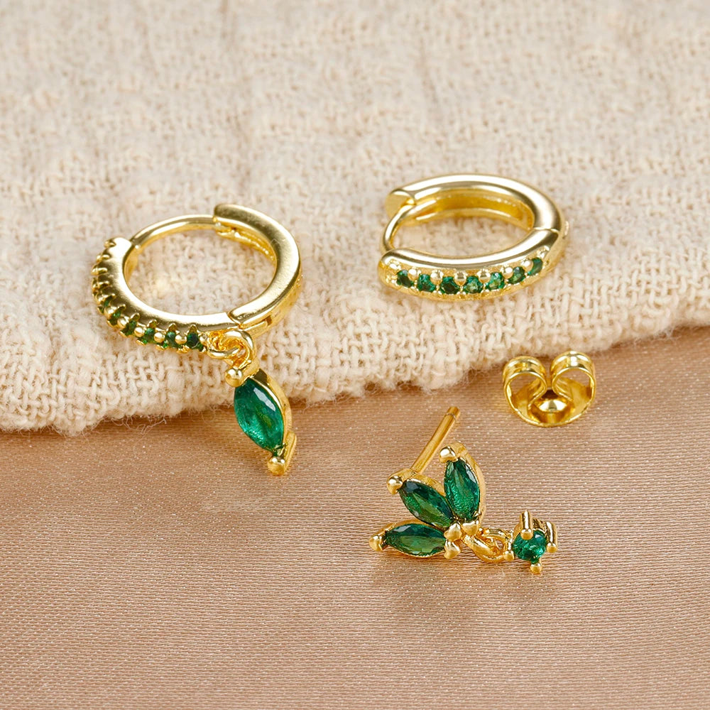3PCS Gold Plated Chain Zircon Hanging Earrings Stainless Steel Flower
