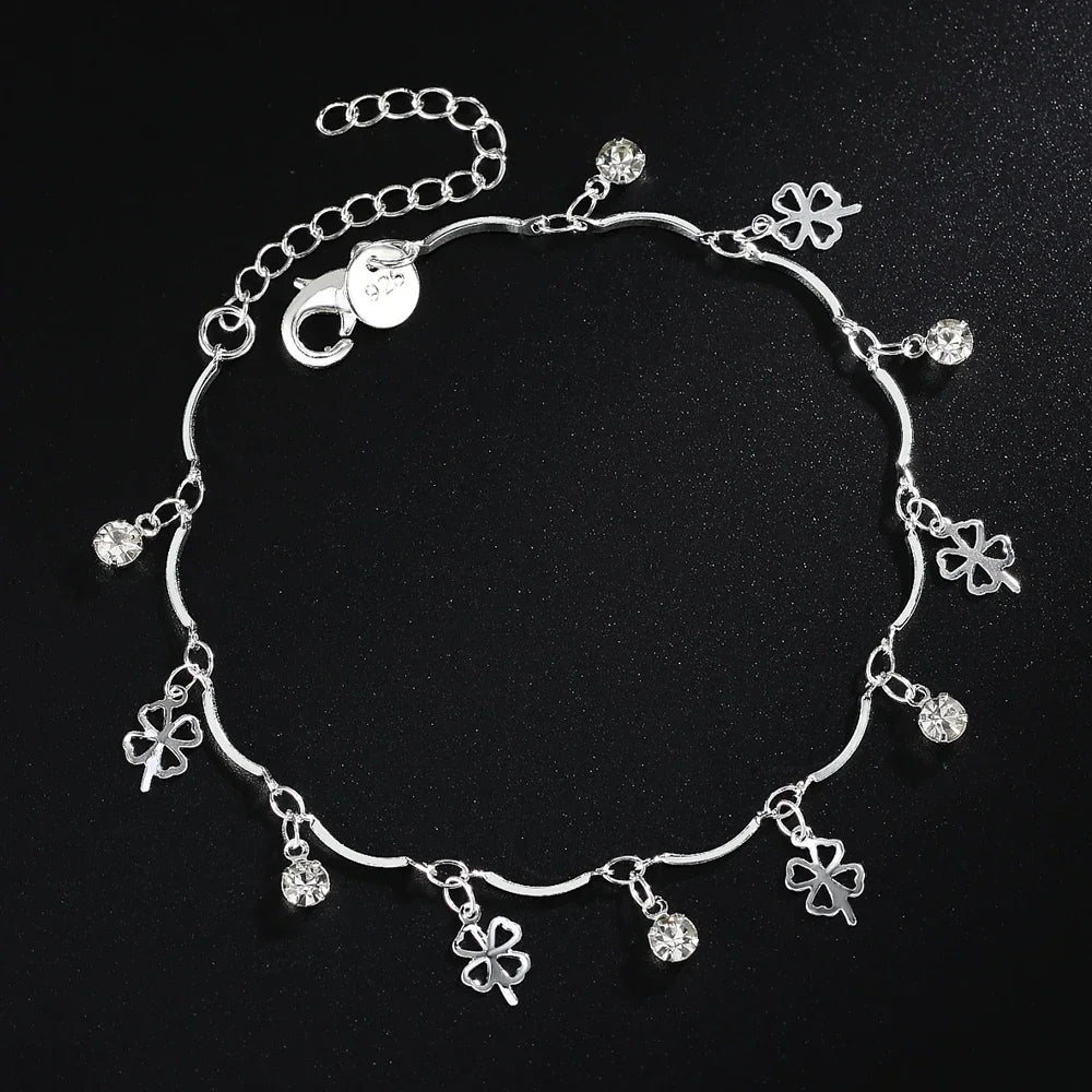Four-Leaf Clover Zircon Chain Bracelet 925 Sterling Silver Wedding Accessory