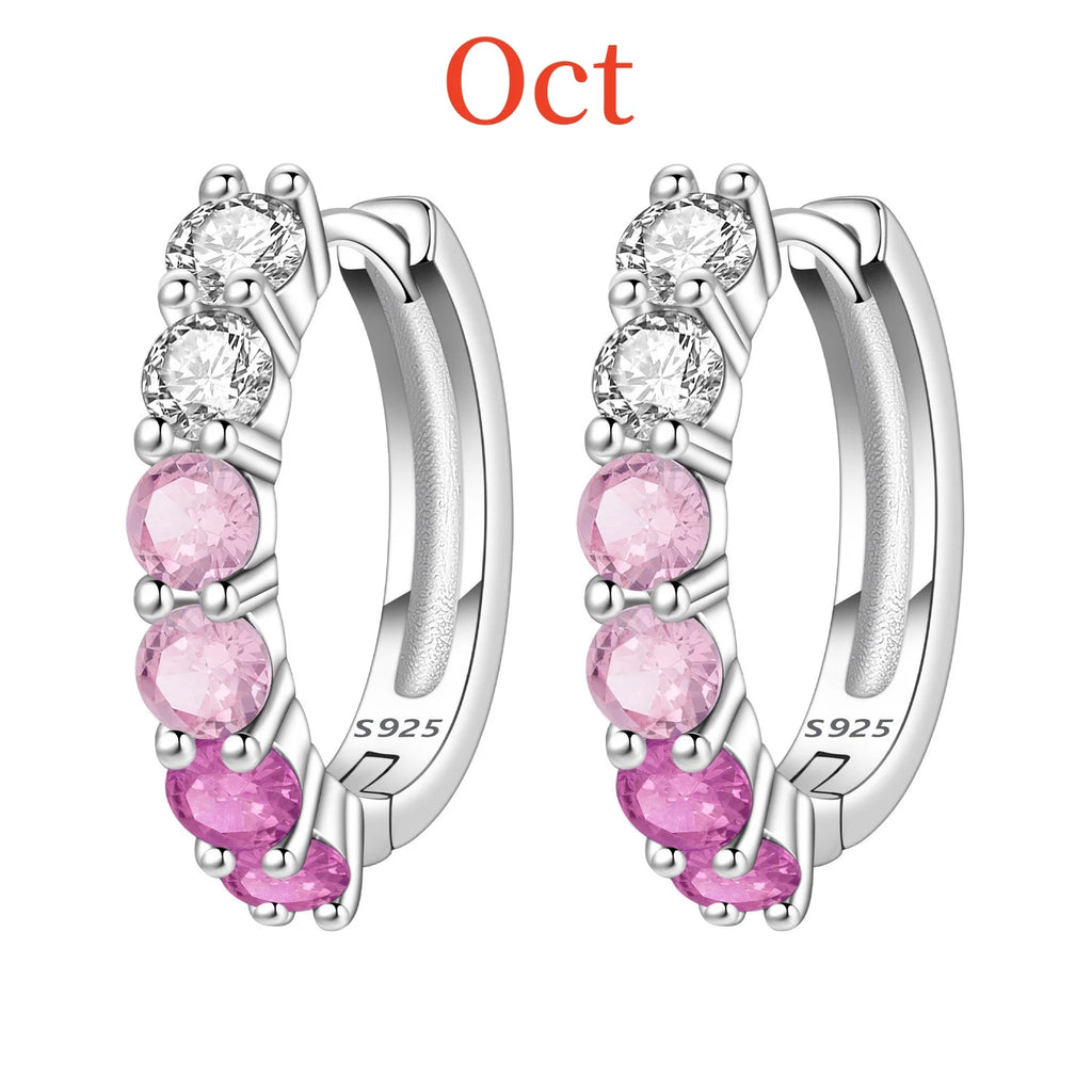 925 Sterling Silver Lucky Month Birthday Stone Hoop Earrings Trendy Jewellery