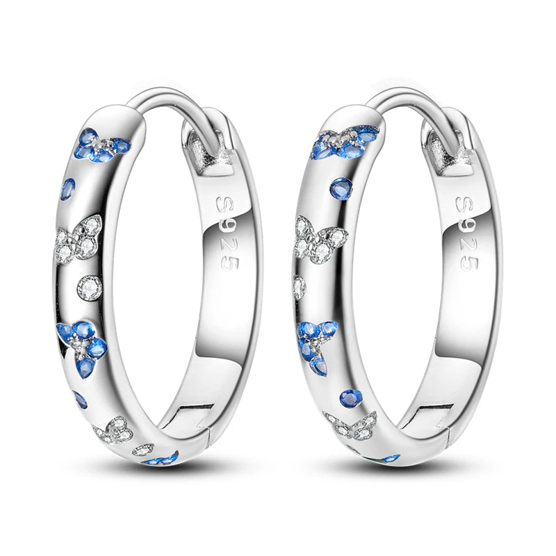 925 Sterling Silver Geometric Minimalist Blue Zircon Circle Hoop Earrings Gift