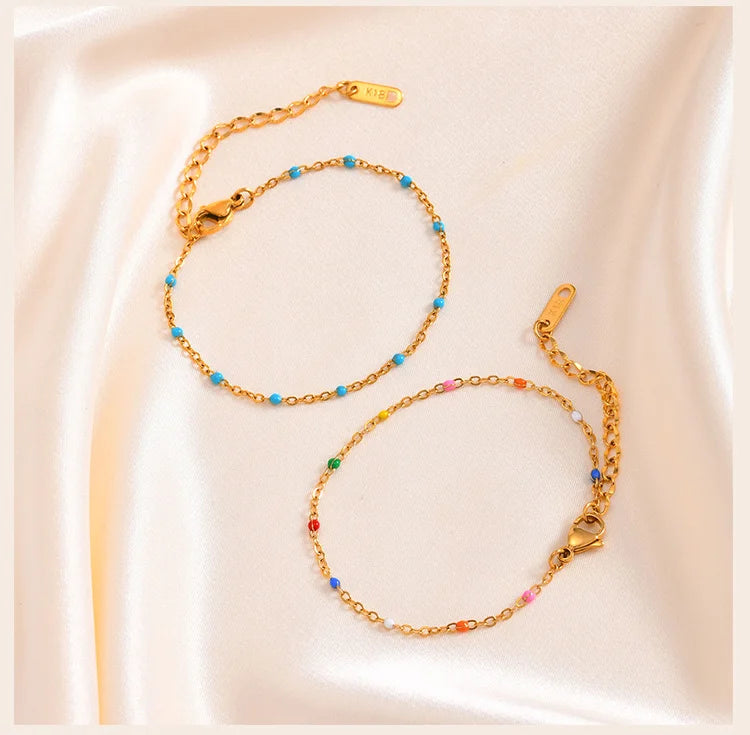 Stainless Steel Chain Bracelet for Women, Colorful Beads Summer 18k Gold Plated, Stainless Steel Waterproof Wrist Jewelry
