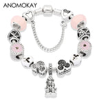 Antique Silver Castle Heart Minnie Mickey Charm Bracelet Pink Crystal Gift
