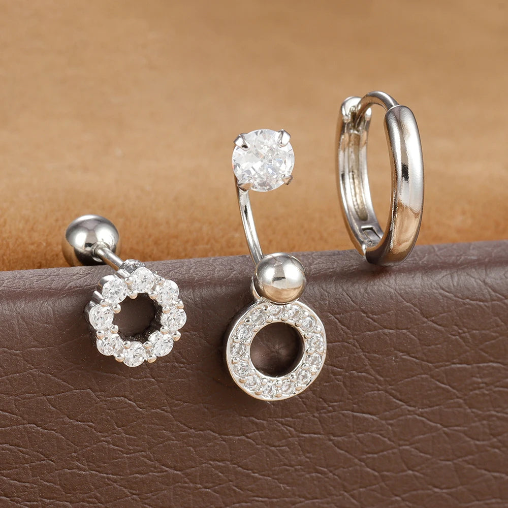 3pcs Stainless Steel Zircon Huggie Hoop Earrings Set Star Moon