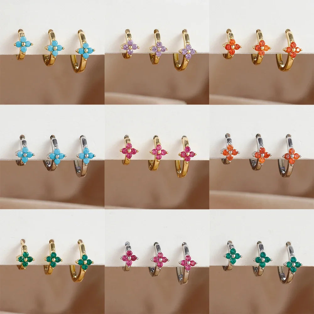 3PCS Simple Flower Zircon Hoop Earrings 18K Gold Plated Steel