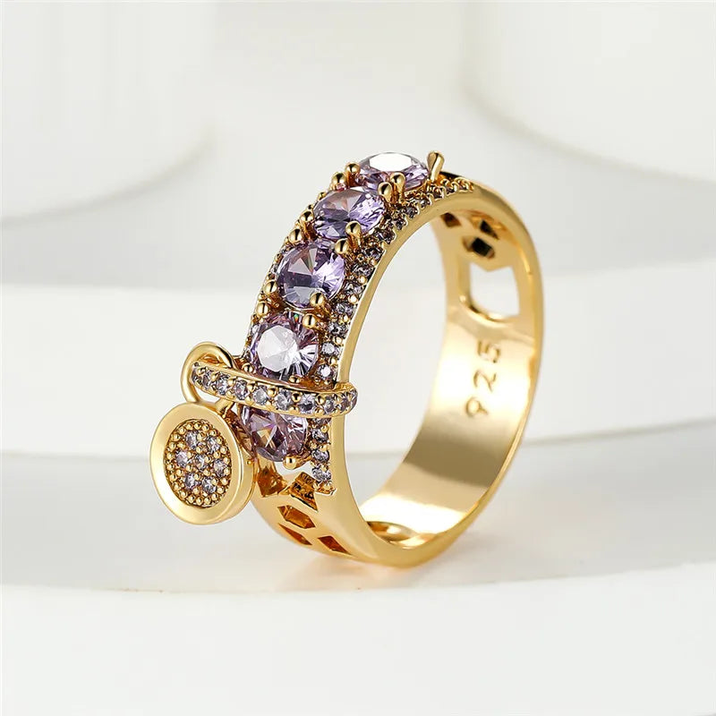 Vintage Royal Blue Stone Ring Yellow Gold Color Luxury Female Wedding Rings For Women Round Dangle Ring Engagement Jewelry Gifts