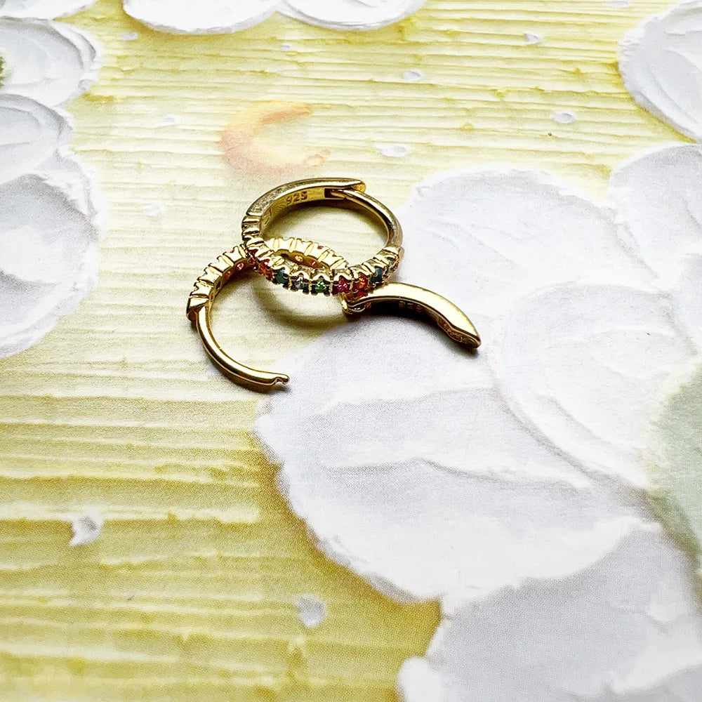 Colourful Stone Gold Plated Hoop Earrings 925 Sterling Silver Bohemia