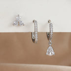 3PCS Waterdrop Shape Zircon Hoop Earrings Triangle Flower Studs