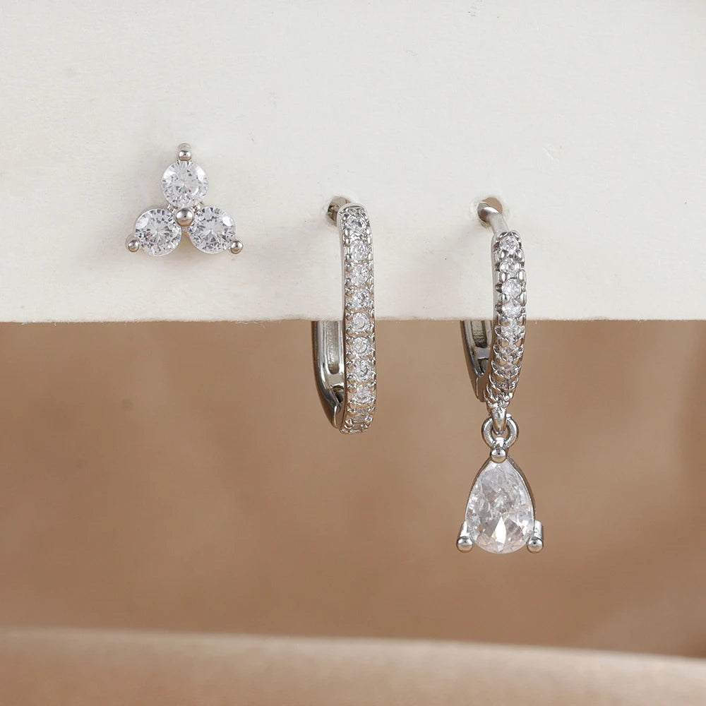 3PCS Waterdrop Shape Zircon Hoop Earrings Triangle Flower Studs