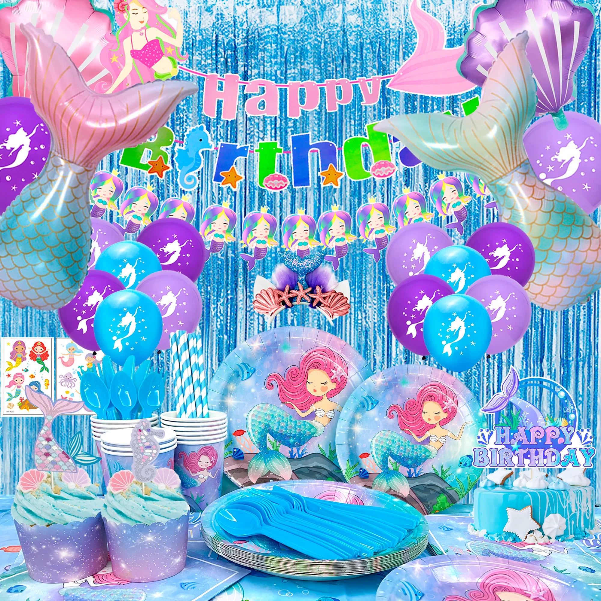 202pc Mermaid Party Decorations & Tableware Set Serves 16 - Ship from UK