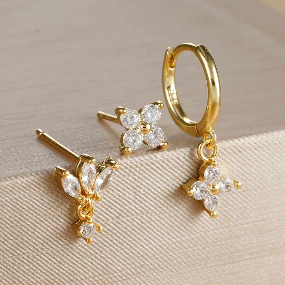 3PCS Fashion Orange Blue Zircon Hanging Earrings Stainless Steel Flower