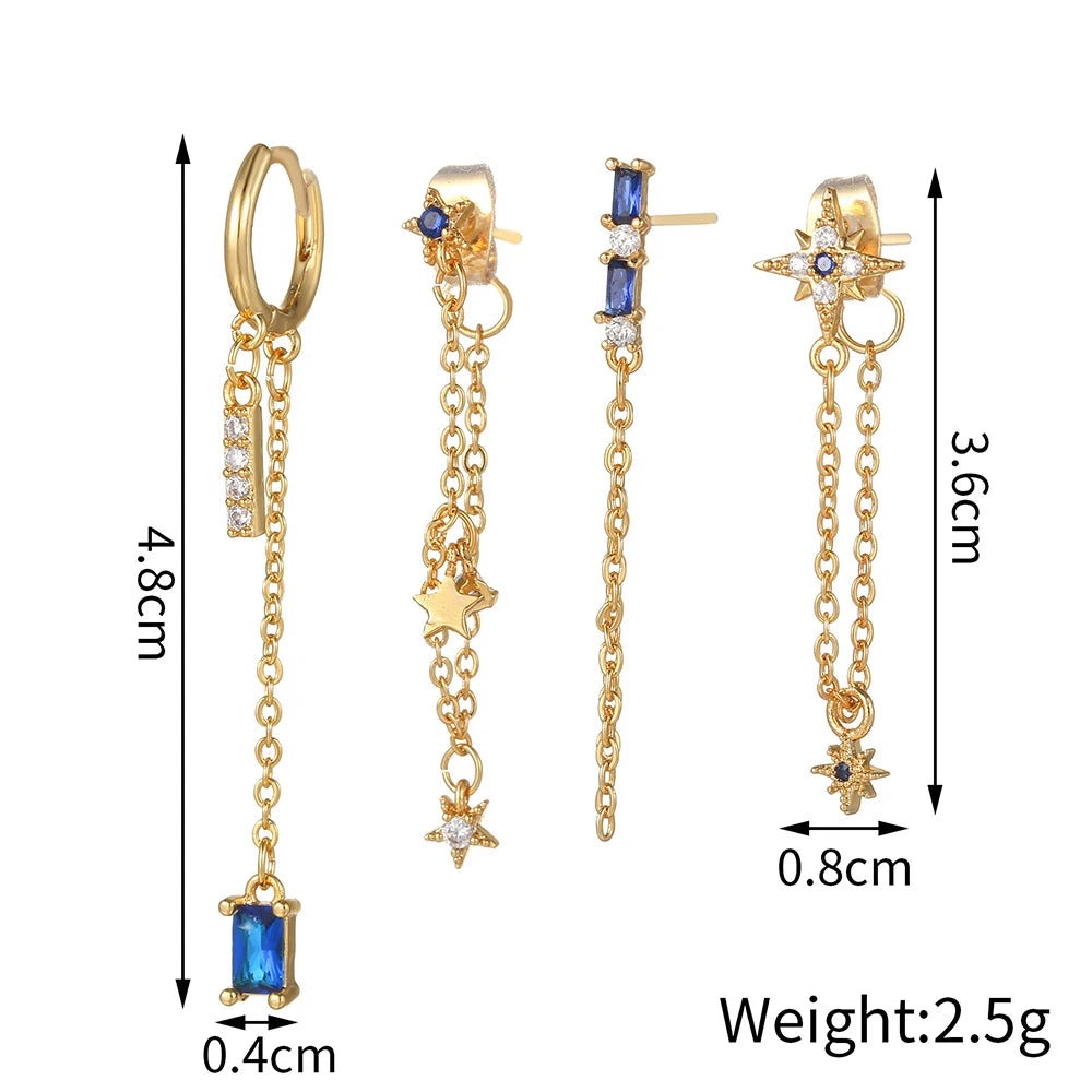 New Stainless Steel Zirconia Chain Hoop Earring Blue Star Moon Square