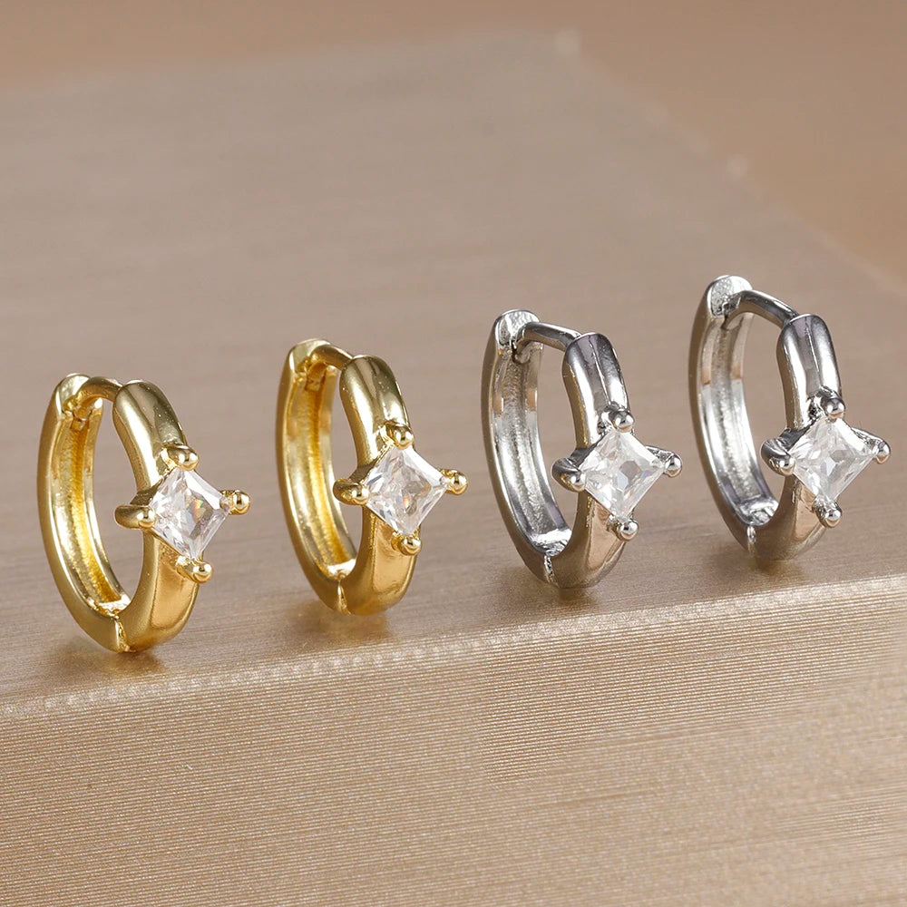 Vintage Square Crystal Stone Hoop Earrings Gold Colour Circle