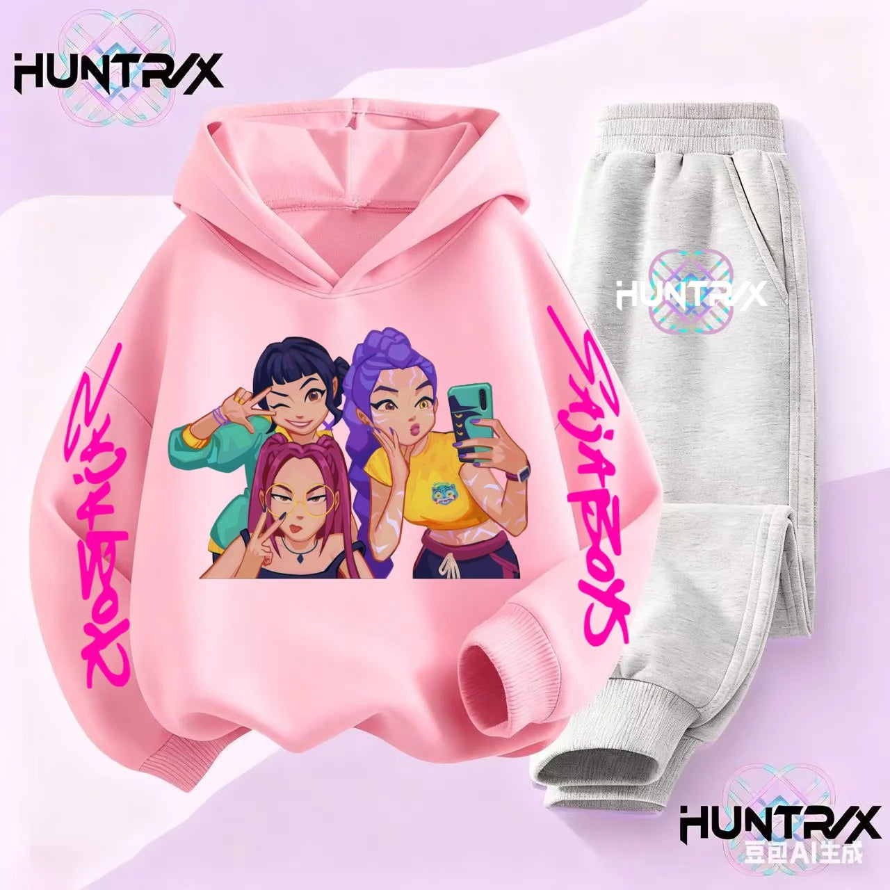 Kids Kpop Demon Hunter Cartoon Print Hoodie and Athletic Pants Sports Set
